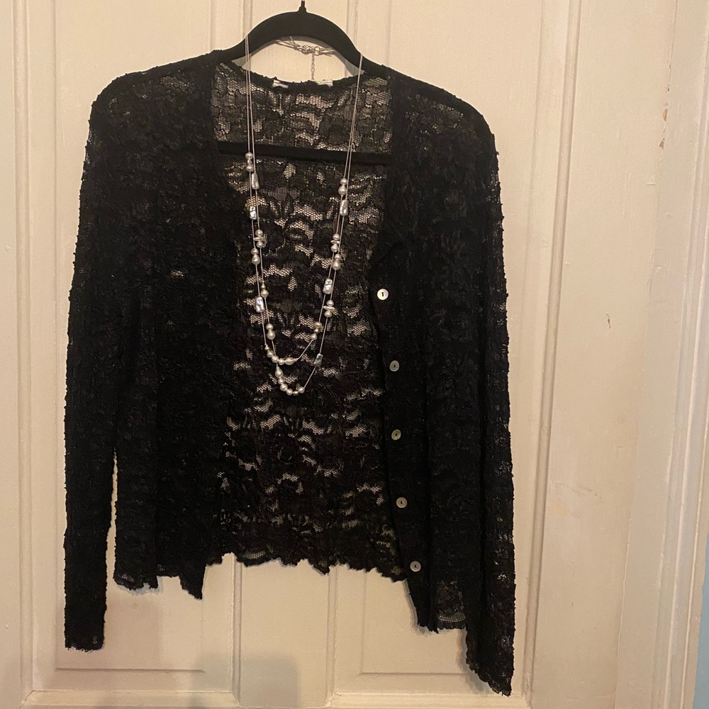 Gemilli Black Lace Cardigan with Pearl  Button Detail